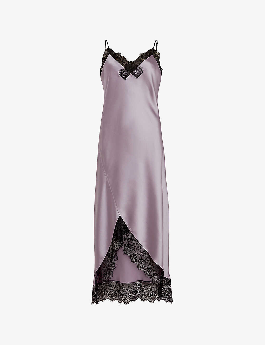 Allsaints Womens Violet Purple Praia Lace-trim Asymmetric-hem Woven Midi Dress