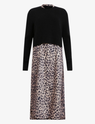 Allsaints Angelina Leopard Print Long Sleeve Sweater And Sleeveless Dress Set In Black/leppo