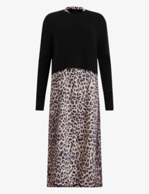 ALLSAINTS ALLSAINTS WOMEN'S BLACK/LEPPO ANGELINA 2-IN-1 LEOPARD-PRINT WOVEN MIDI DRESS,65949598