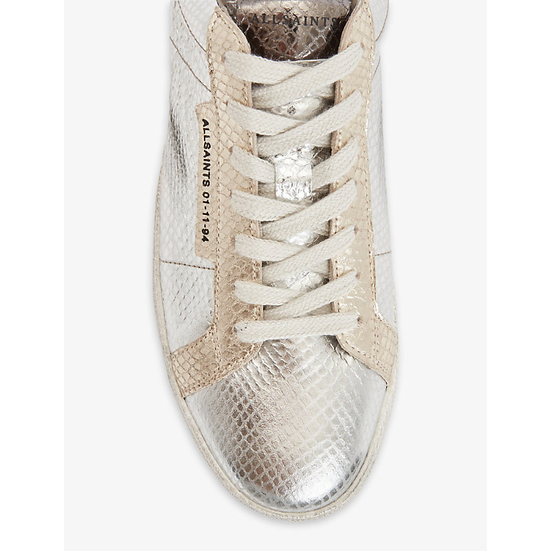 Shop Allsaints Womens Silver/gold Sheer Logo-embossed Metallic-leather Low-top Trainers