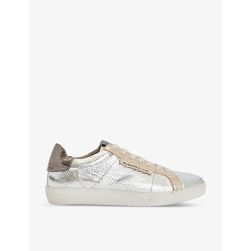 Shop Allsaints Womens Silver/gold Sheer Logo-embossed Metallic-leather Low-top Trainers