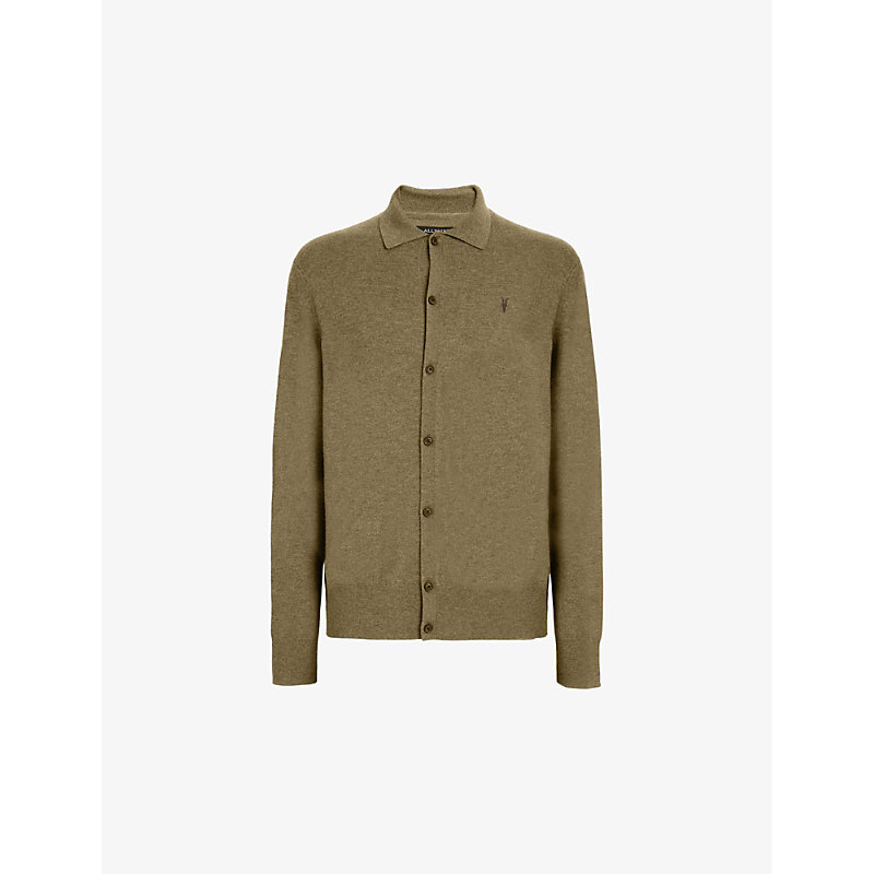 Shop Allsaints Kilburn Ramskull-embroidered Wool And Recycled Polyamide-blend Cardigan In Avo Green