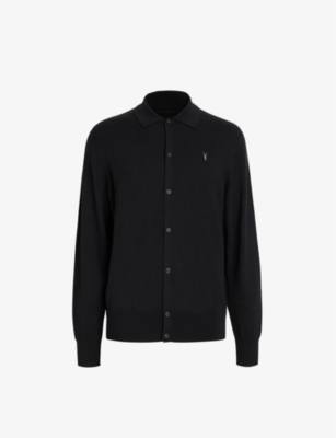 Allsaints Kilburn Ramskull-embroidered Wool And Recycled Polyamide-blend Cardigan In Black