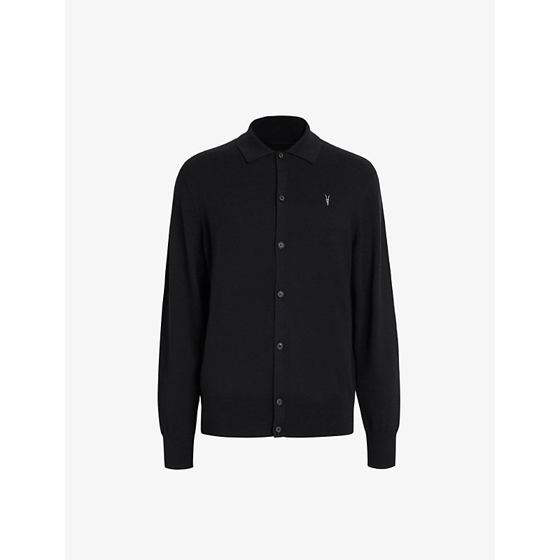 Allsaints Kilburn Ramskull-embroidered Wool And Recycled Polyamide-blend Cardigan In Black