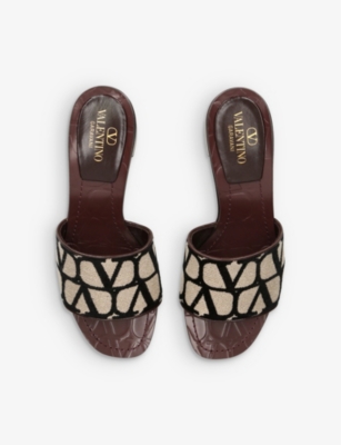 Shop Valentino Vlogo-print Woven Heeled Mules In Blk/other