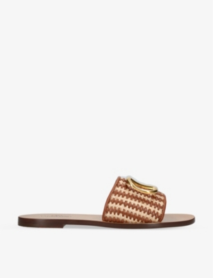 Shop Valentino Garavani Women's Brown/oth Vlogo Logo-plaque Raffia Slides