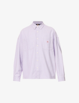 DICKIES DICKIES MEN'S PURPLE HICKORY HICKORY STRIPED-PATTERN BRAND-PATCH RELAXED-FIT COTTON SHIRT,65976952