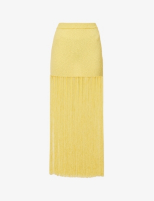 Casablanca Fringed High-waisted Knitted Midi Skirt In Yellow