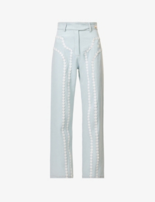 Casablanca Daisy-lace Border Paneled Straight-leg Denim Trousers In Bleached Denim