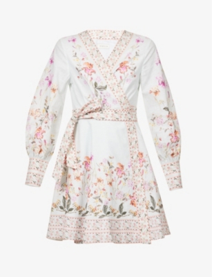 By Malina Womens Soft Floral Sky Blue Juliette Floral-print Linen-cotton Blend Mini Dress In Multi-coloured