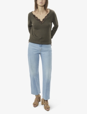 Shop Ikks Women's Khaki Green Lace-trim Knitted Jumper