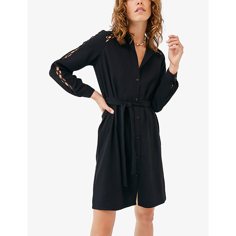 Shop Ikks Women's Black Ladder-stitch Belted Woven Mini Shirt Dress