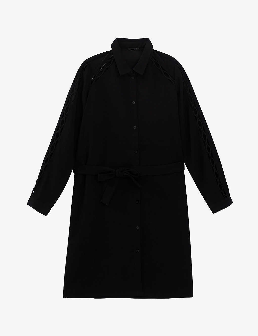 Ikks Ladder-stitch Belted Woven Mini Shirt Dress In Black