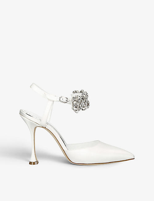 MANOLO BLAHNIK: Mabina 105 crystal-embellished satin heeled courts