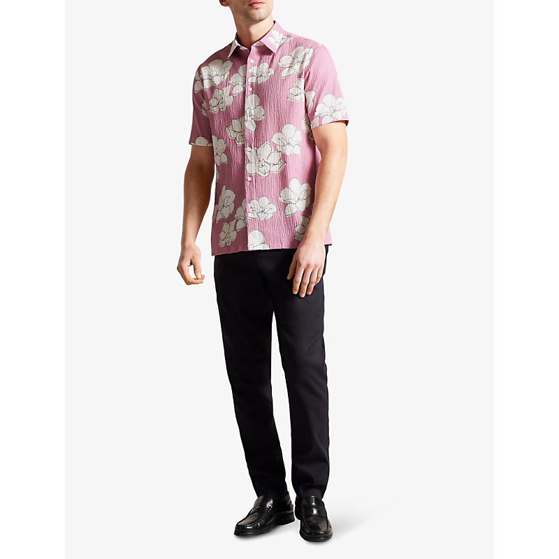 Shop Ted Baker Coving Floral-print Seersucker Stretch-cotton Shirt In Mid-pink
