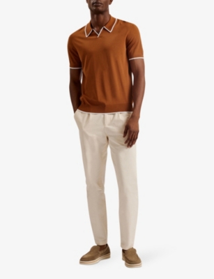 Shop Ted Baker Men's Brown Open-neck Short-sleeved Stretch-cotton Polo Shirt