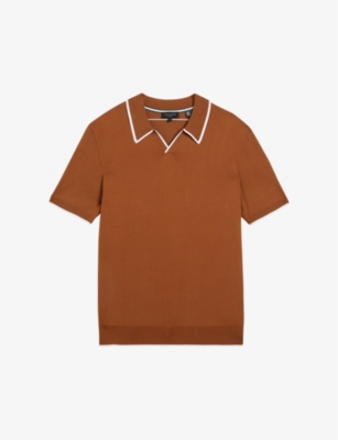 Shop Ted Baker Men's Brown Open-neck Short-sleeved Stretch-cotton Polo Shirt