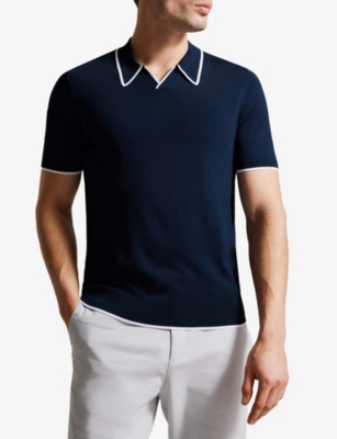 Shop Ted Baker Men's Navy Open-neck Short-sleeved Stretch-cotton Polo Shirt