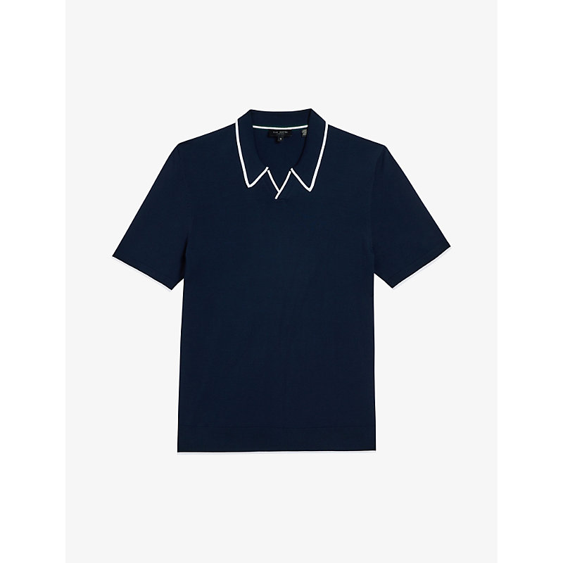 Ted Baker Mens Navy Open-neck Short-sleeved Stretch-cotton Polo Shirt