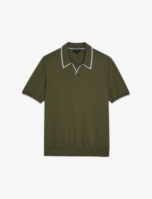 Shop Ted Baker Men's Olive Open-neck Short-sleeved Stretch-cotton Polo Shirt