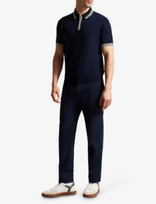 Shop Ted Baker Men's Navy Contrast-collar Wool Polo Shirt In Blue