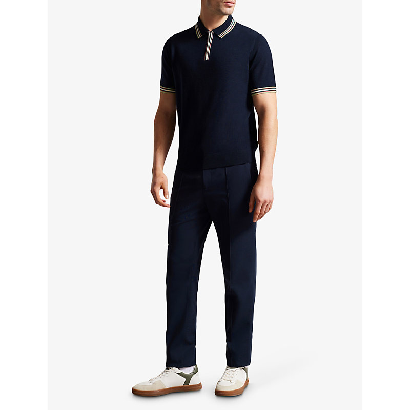 Shop Ted Baker Men's Navy Contrast-collar Wool Polo Shirt In Blue
