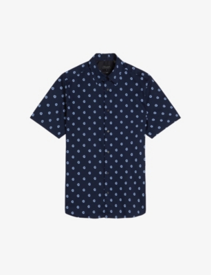 Ted Baker Mens Navy Kymsho Floral-print Slim-fit Stretch-cotton Shirt