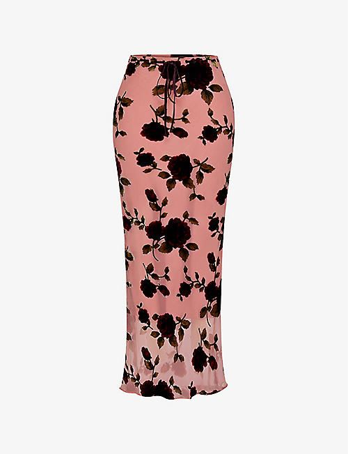 HOUSE OF CB: Imaan floral velvet devore-embroidered stretch-woven maxi skirt