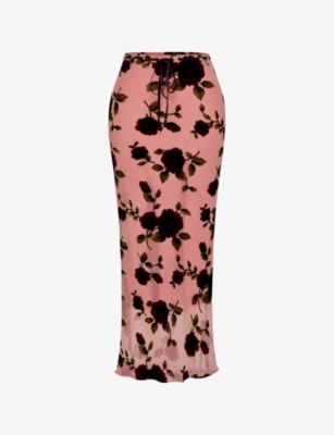 Shop House Of Cb Imaan Floral Velvet Devore-embroidered Stretch-woven Maxi Skirt In Pink