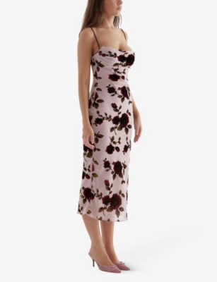 Shop House Of Cb Of Cb Womens Pink Azura Floral Velvet Devore-embroidered Stretch-woven Midi Dress