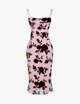 Shop House Of Cb Women's Pink Azura Floral Velvet Devore-embroidered Stretch-woven Midi Dress