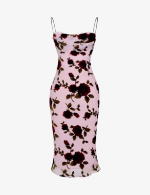 Shop House Of Cb Azura Floral Velvet Devore-embroidered Stretch-woven Midi Dress In Pink