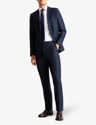 Shop Ted Baker Men's Navy Lancet Slim-fit Straight-leg Linen-wool Blend Trousers