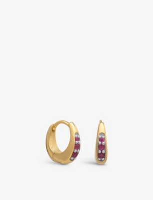 RACHEL JACKSON: Birthstone 22ct gold-plated sterling silver and ruby huggie hoop earrings