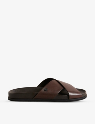 Ted Baker Mens Brown Oscarr Crossover-strap Flat Leather Sandals
