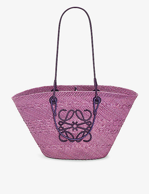 LOEWE: Anagram-embroidered iraca palm and leather basket bag