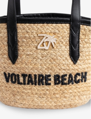 Slogan-embroidered leather-strap jute tote bag