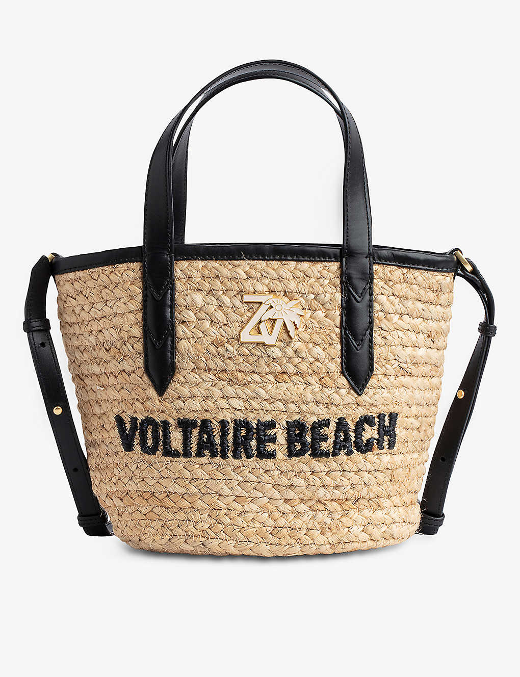 Zadig & Voltaire Slogan-embroidered Leather-strap Jute Tote Bag In Noir