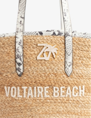 Slogan-embroidered leather-handle jute tote