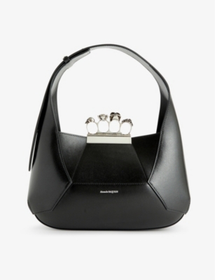 Alexander Mcqueen Mini Jewelled Leather Hobo In Black Silver