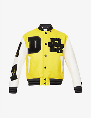 DUE DILIGENCE: Brand-appliqué contrast-panel boxy-fit leather varsity jacket
