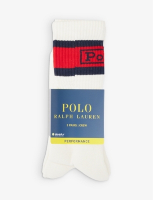 Polo Ralph Lauren Mens White Stripe Pack Of Three Brand-print Stretch-cotton Blend Socks