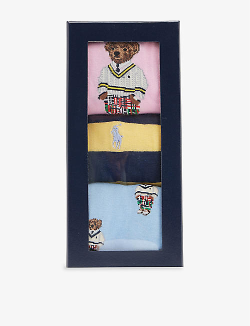 POLO RALPH LAUREN: Bear-print pack of three stretch-cotton blend socks