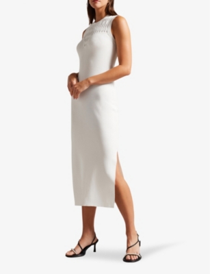 Shop Ted Baker Women's White Polyan Stitch-neckline Ribbed-knit Midi Dress