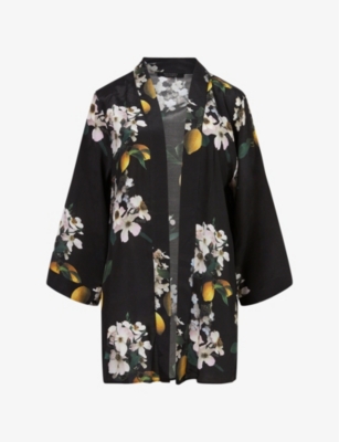 Allsaints Womens Black Carina Eugenia Floral-print Woven Kimono