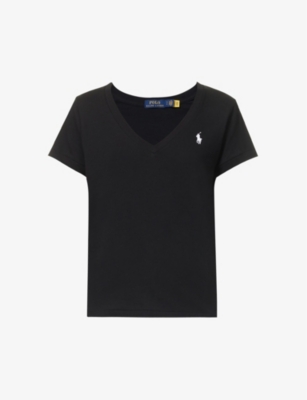 Polo Ralph Lauren Embroidered Logo V-neck Cotton T-shirt In Polo Black