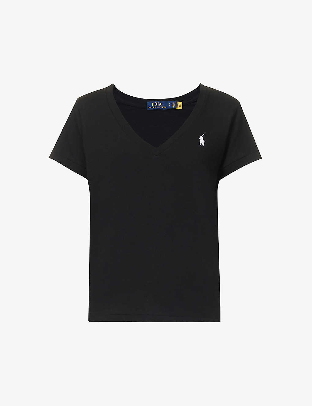 Shop Polo Ralph Lauren Women's Polo Black Logo-embroidered V-neck Cotton-jersey T-shirt