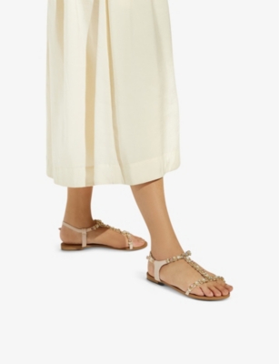 Dune Womens Ecru-leather Nissa Jewel-embellished Flat Leather Sandals In None/clear