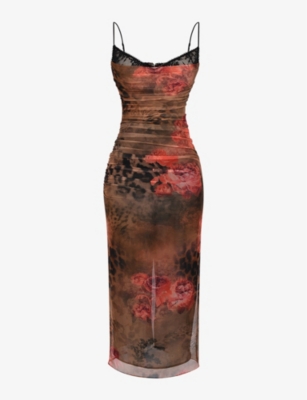 House Of Cb Womens Printed Nalini Floral And Leopard-print Stretch- Mesh Midi Dress