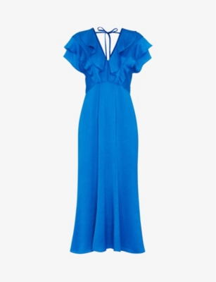 Whistles Adeline Frill Stretch-woven Midi Dress In Blue